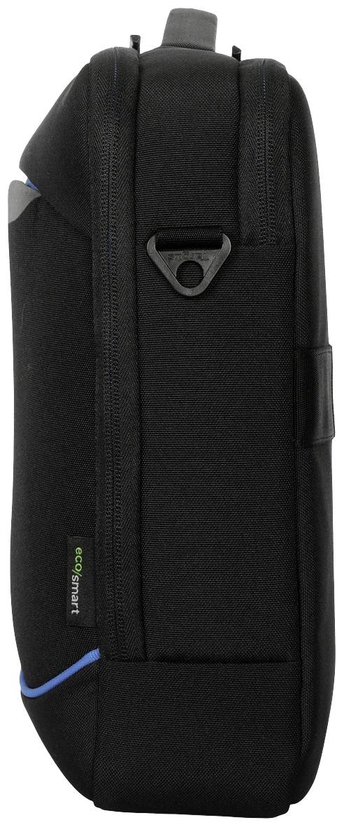 Sacoche noire pour ordinateur portable, vue de profil avec des accents bleus, logo EcoSmart visible.