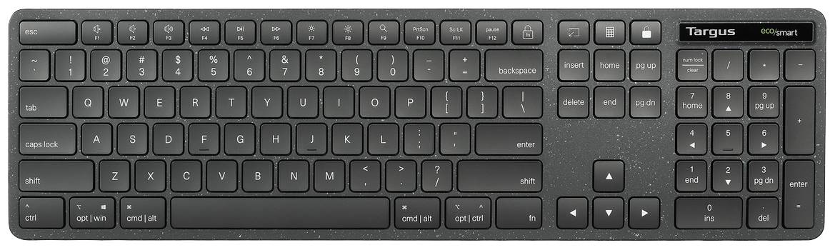 Clavier sans fil QWERTZ avec touche Entrée verticale et pavé numérique. Touche de marque en haut à droite. Disposition avec touches d'umlauts allemands.