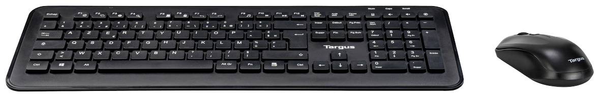 Ensemble clavier et souris sans fil noir sur fond blanc. Le clavier dispose d'un layout complet avec pavé numérique.