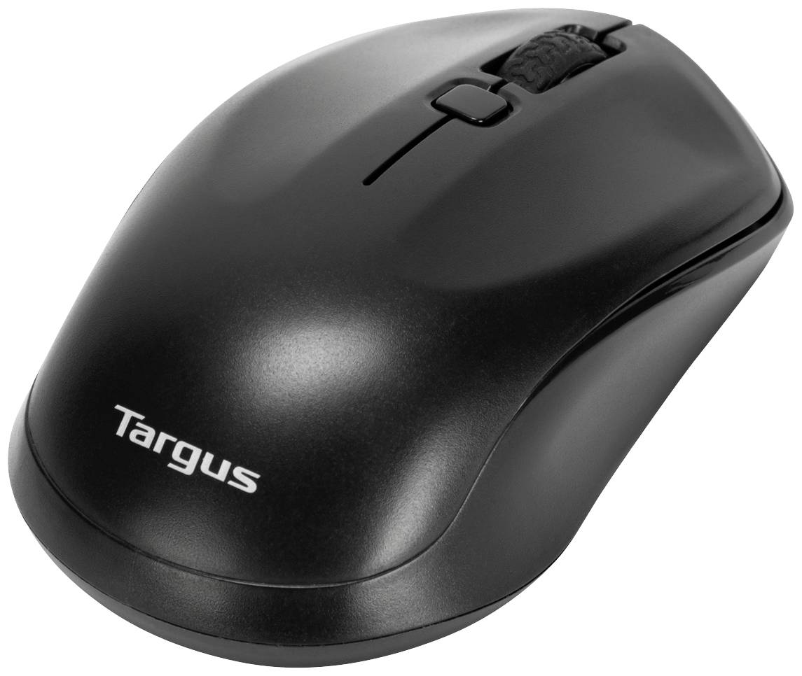 Souris d'ordinateur sans fil noire avec molette de défilement et boutons, face avant portant le logo 'Targus'.