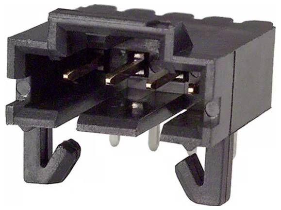 Gros plan d'un connecteur électrique rectangulaire noir avec trois broches métalliques. Il possède deux clips pour se fixer dans une douille.
