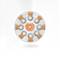 Un objet rond orange et gris avec des motifs circulaires et plusieurs éléments symétriques sur un fond blanc à nervures concentriques.