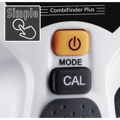 Gros plan d'un appareil portant l'inscription 'CombiFinder Plus', montrant les interrupteurs 'MODE' et 'CAL', ainsi qu'un symbole jaune de mise en marche/arrêt.
