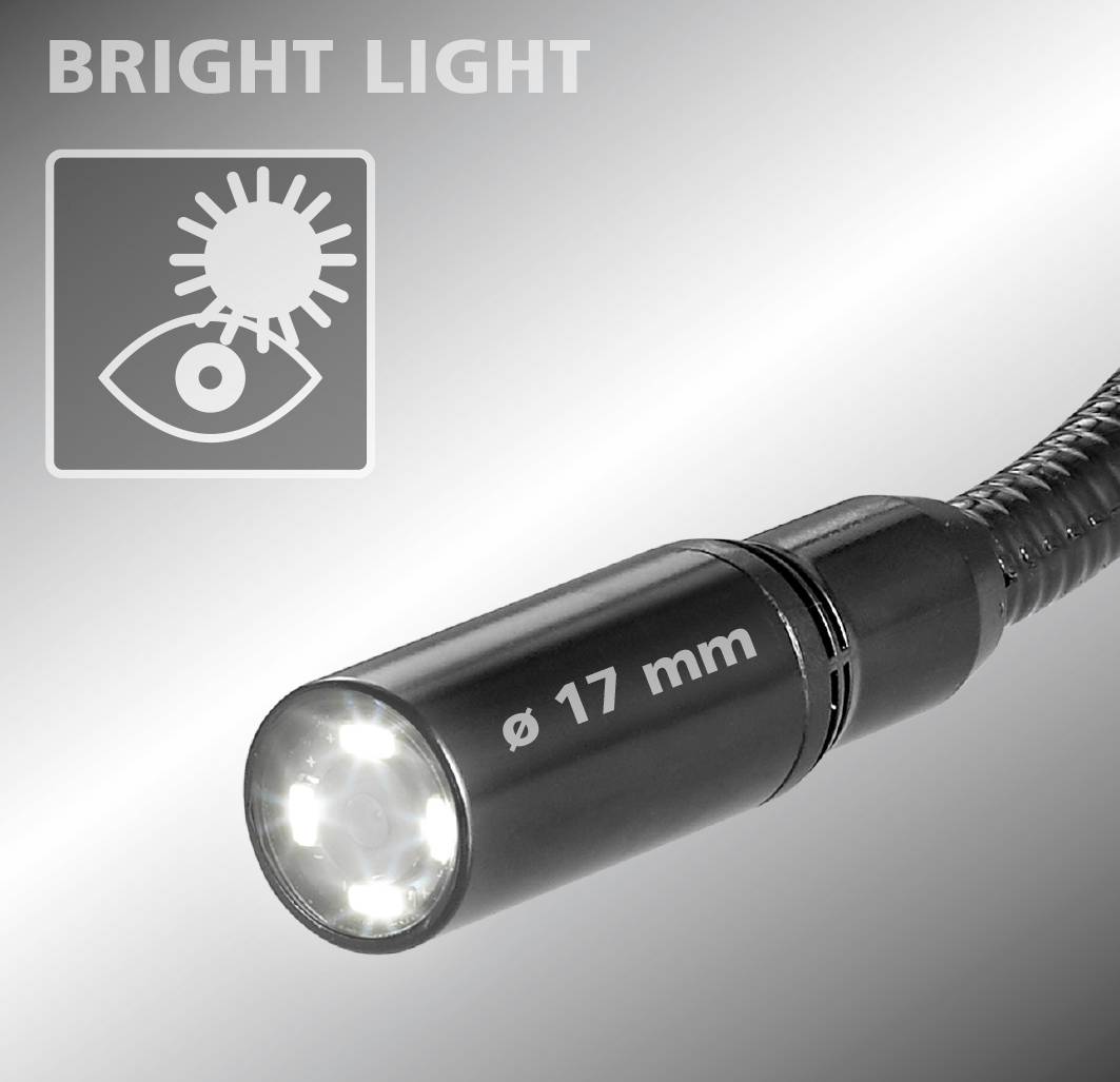 'Lampe de poche de 17 mm de diamètre, lumineuse. Symbole d'une lumière potentiellement nocive pour les yeux en haut à gauche avec le texte "Bright Light".'