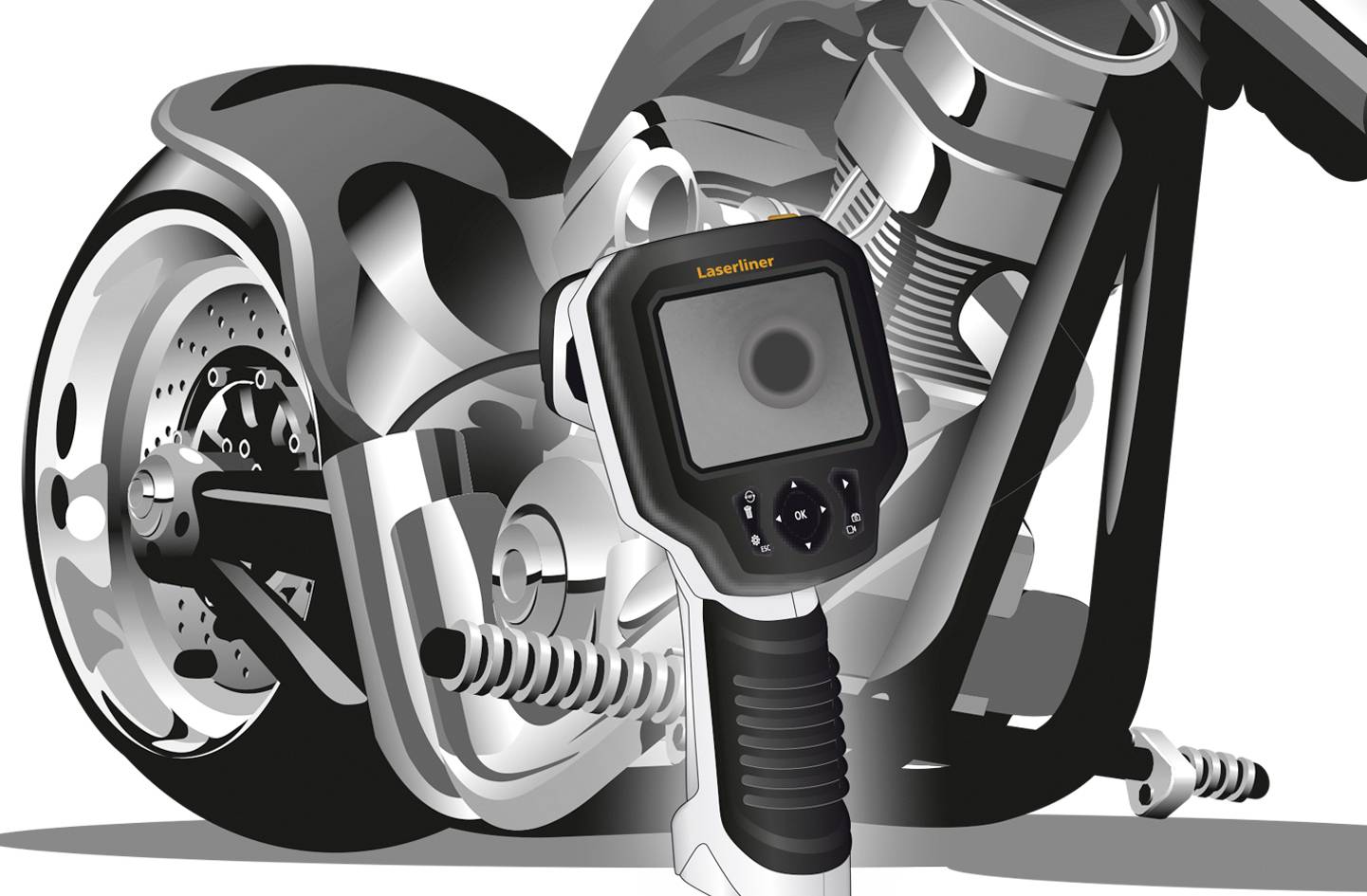 Moto avec un dispositif de mesure de température infrarouge au premier plan, pointé vers la zone du moteur.