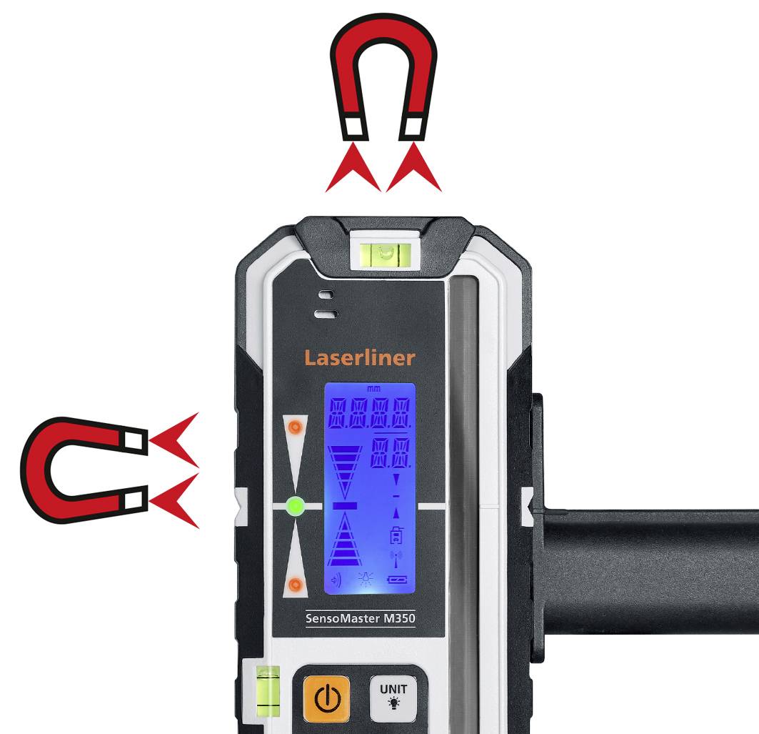 Rapporteur électronique 'Laserliner SensoMaster M350', affiche l'angle numérique sur un écran bleu. Fixation magnétique possible.