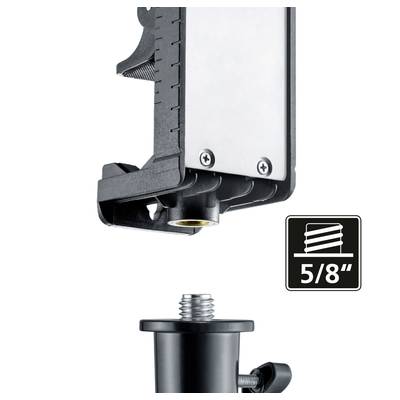 Un support noir avec un filetage de vis de 5/8 de pouce pour une fixation sur un trépied ou un accessoire similaire.