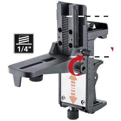Adaptateur de trépied avec filetage de 1/4 pouce. Indique des flèches pour la rotation et le réglage de la hauteur. Comprend une rail de guidage pour l'ajustement.