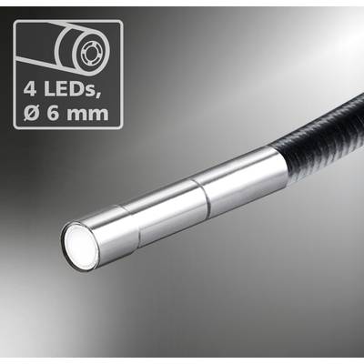 Un embout d'endoscope argenté avec 4 LED et un diamètre de 6 mm. Adapté pour des inspections précises dans des zones étroites.