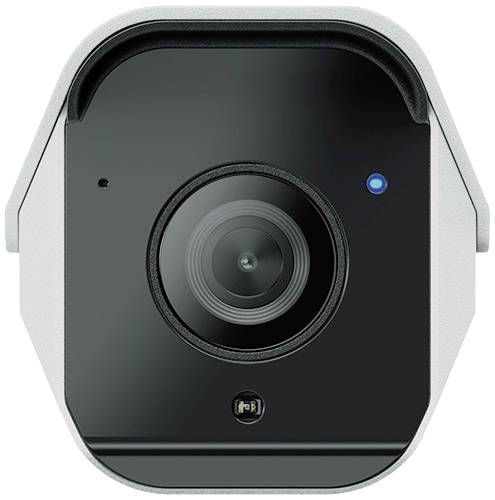 Caméra de surveillance avec boîtier noir et voyant d'état bleu, orientée vers l'avant.