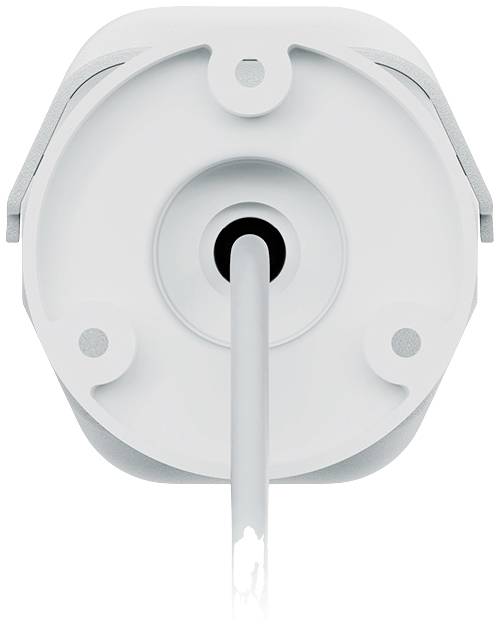Vue arrière d'une caméra de sécurité blanche avec connexion filaire, centralement alignée, montrant ses éléments de fixation.