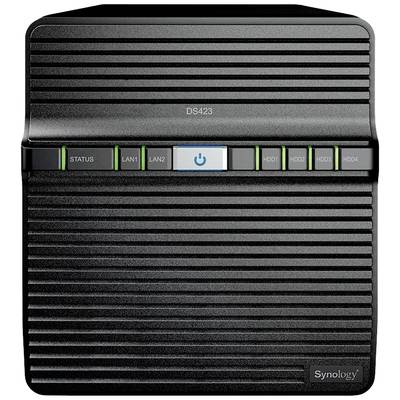 Un dispositif de stockage de données noir avec des fentes de ventilation et des indicateurs d'état lumineux, comprenant 'STATUT', 'LAN1', 'LAN2', 'HDD1' à 'HDD4'.