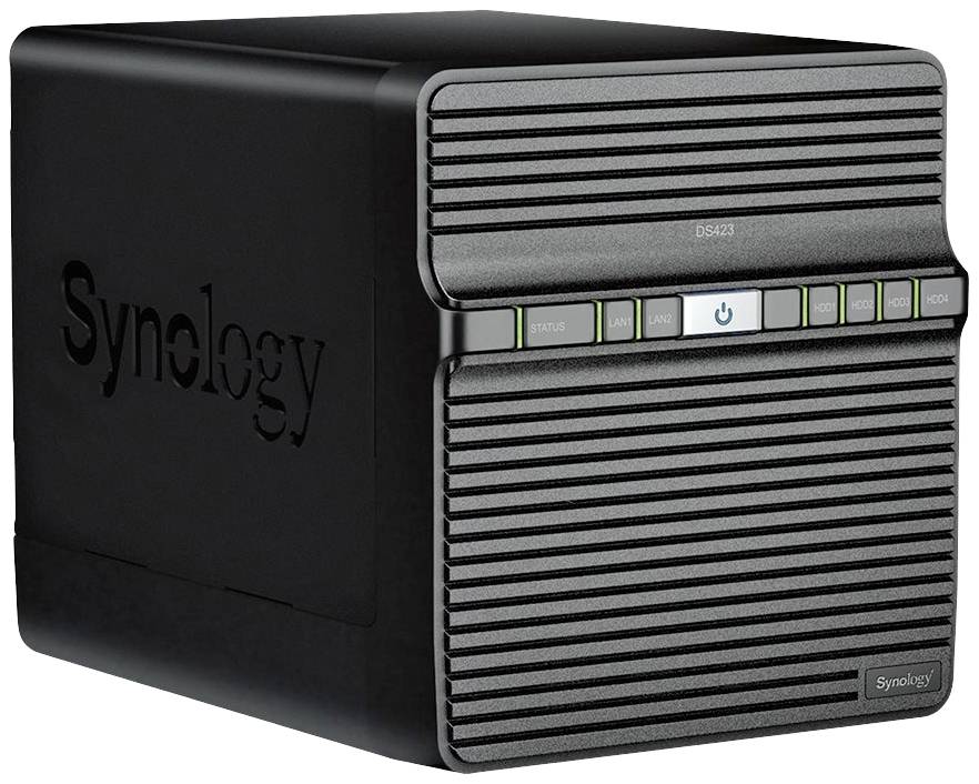 Appareil NAS Synology noir modèle DS423, doté de fentes de ventilation et de plusieurs voyants LED à l'avant.