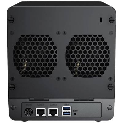 Vue arrière d'un stockage réseau noir avec deux ventilateurs, deux ports LAN, deux ports USB et une connexion d'alimentation.