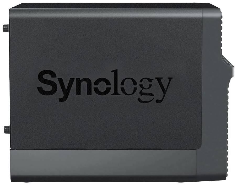 Boîtier NAS noir de Synology, représenté de côté, avec le logo de l'entreprise.