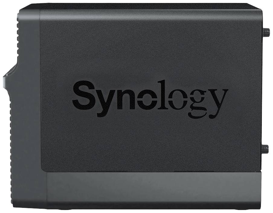 Boîtier externe de disque dur noir avec le logo de la marque 'Synology'.