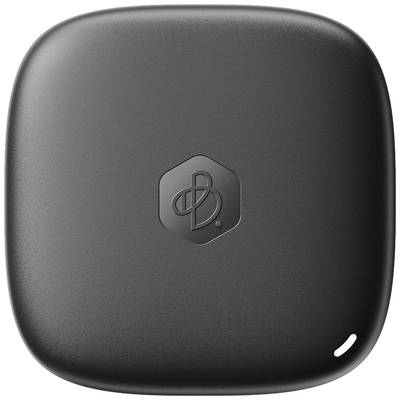 Un appareil carré noir aux coins arrondis, doté d'un logo en son centre, vraisemblablement un accessoire électronique.
