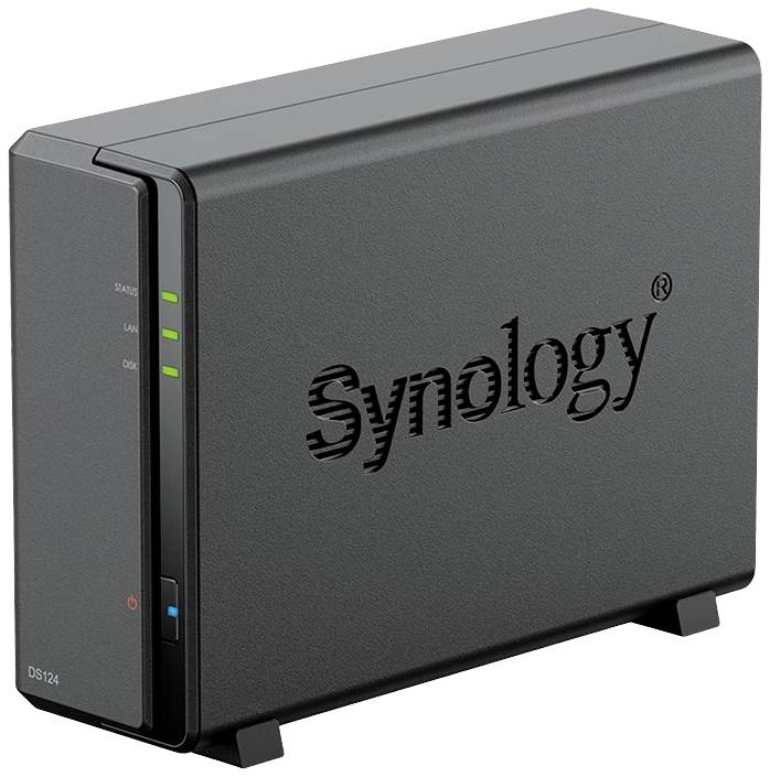 Disque dur externe de la marque Synology. Boîtier noir avec des LED d'état sur la façade. Référence du modèle : DS124.