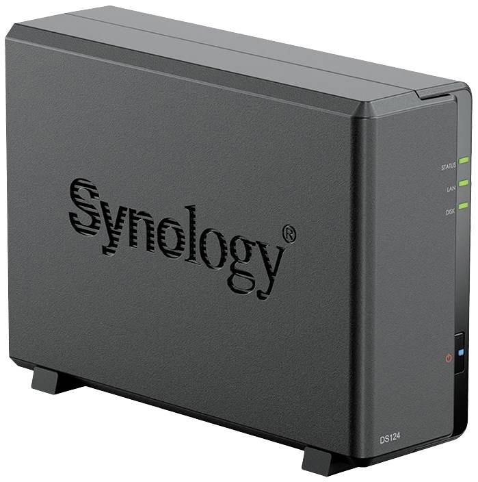 Un périphérique NAS Synology, modèle DS124, dans un boîtier noir. Il présente des voyants d'état pour l'alimentation, le LAN et l'activité du disque dur sur le côté.