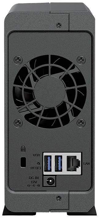 Face arrière d'un appareil électronique noir avec un ventilateur, deux ports USB, un port LAN et une prise d'alimentation.