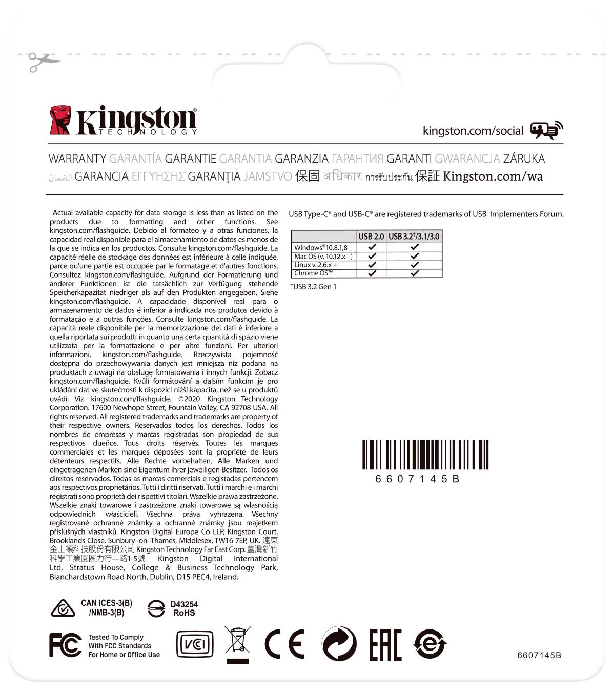 Description de l'arrière d'un emballage USB Kingston avec conditions de garantie dans différentes langues et détails techniques tels que le type d'USB, le modèle et une mention des réseaux sociaux.