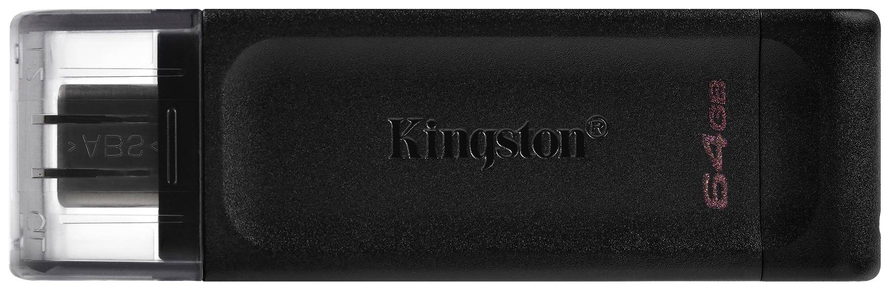 Une clé USB noire portant l'inscription 'Kingston' au centre et '64 Go' sur le bord droit, avec un capuchon de protection partiellement transparent.