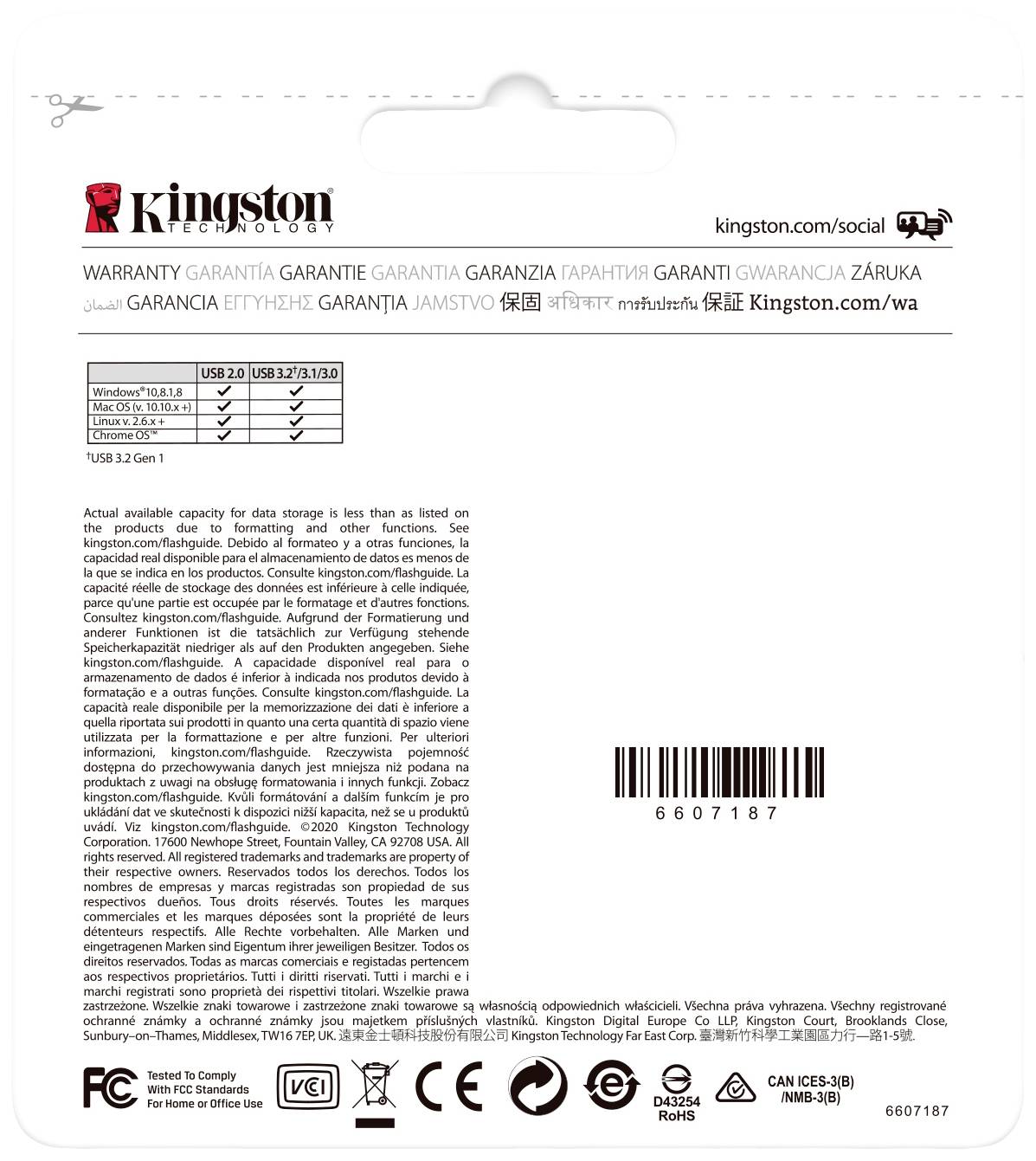 Emballage de clé USB Kingston avec informations de garantie en plusieurs langues, spécifications techniques pour USB 3.2 Gen 1, symboles CE et FCC.