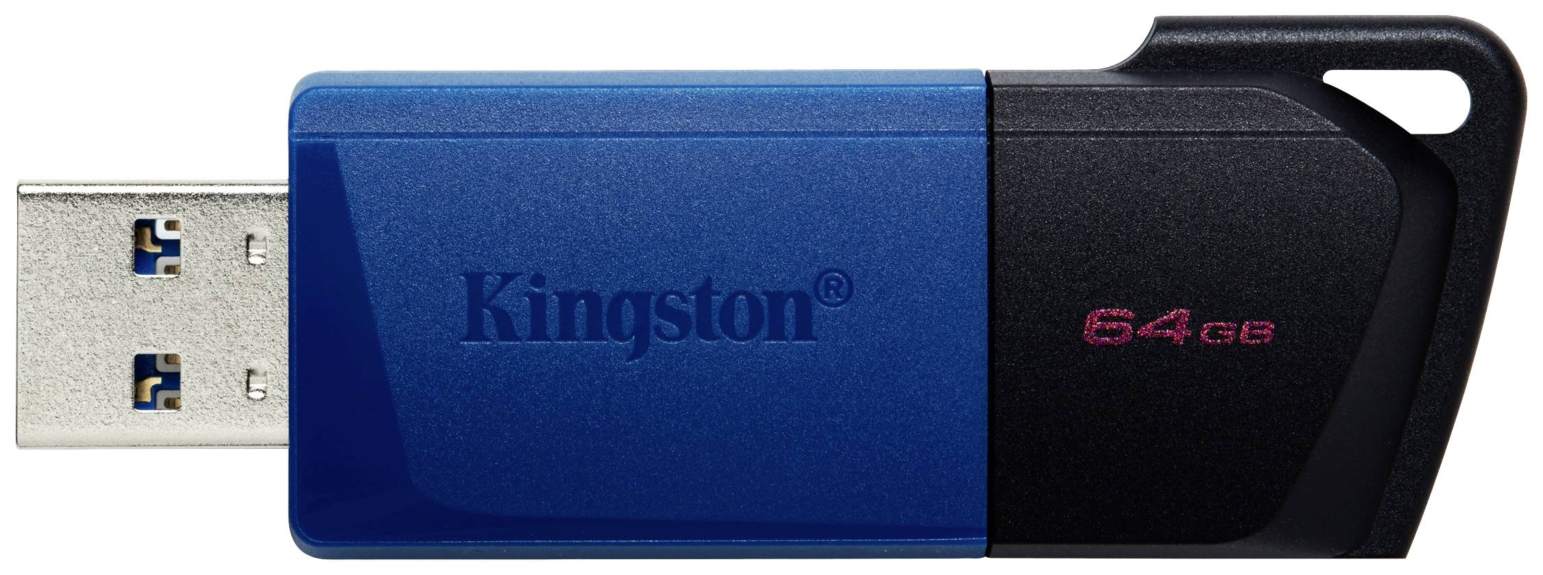 Une clé USB bleue avec un mécanisme coulissant noir sur la gauche. Marque 'Kingston', capacité '64 Go'.