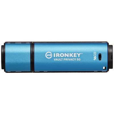 Une clé USB bleue de la marque IronKey portant l'inscription 'Vault Privacy 50'. Capacité : 16 Go.