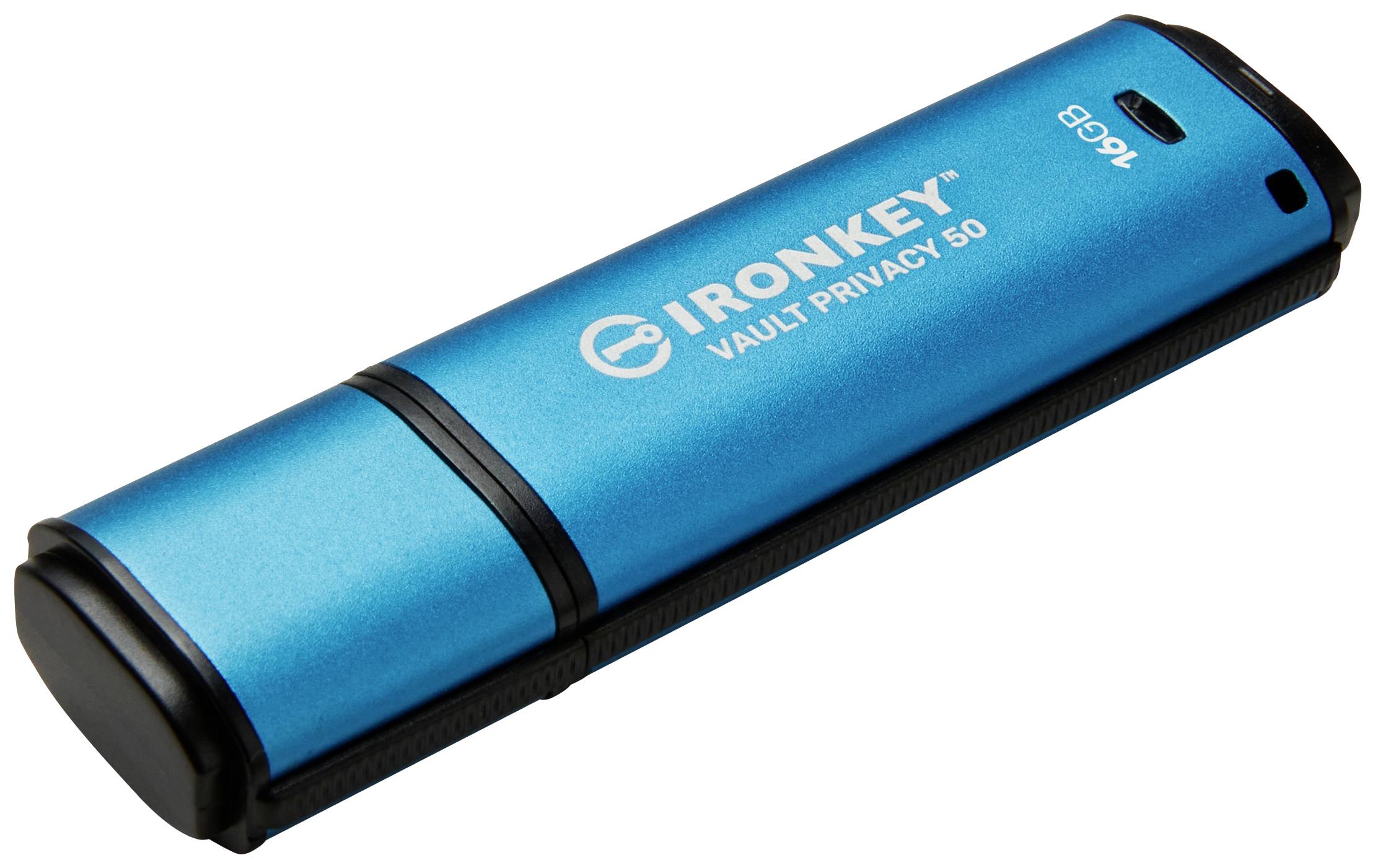 Clé USB bleue 'IronKey Vault Privacy 50' avec un bord noir, posée à plat.