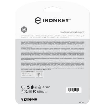 Verso d'un emballage IronKey avec des informations sur la garantie et les instructions d'utilisation dans plusieurs langues. Logo de la marque et coordonnées de contact.