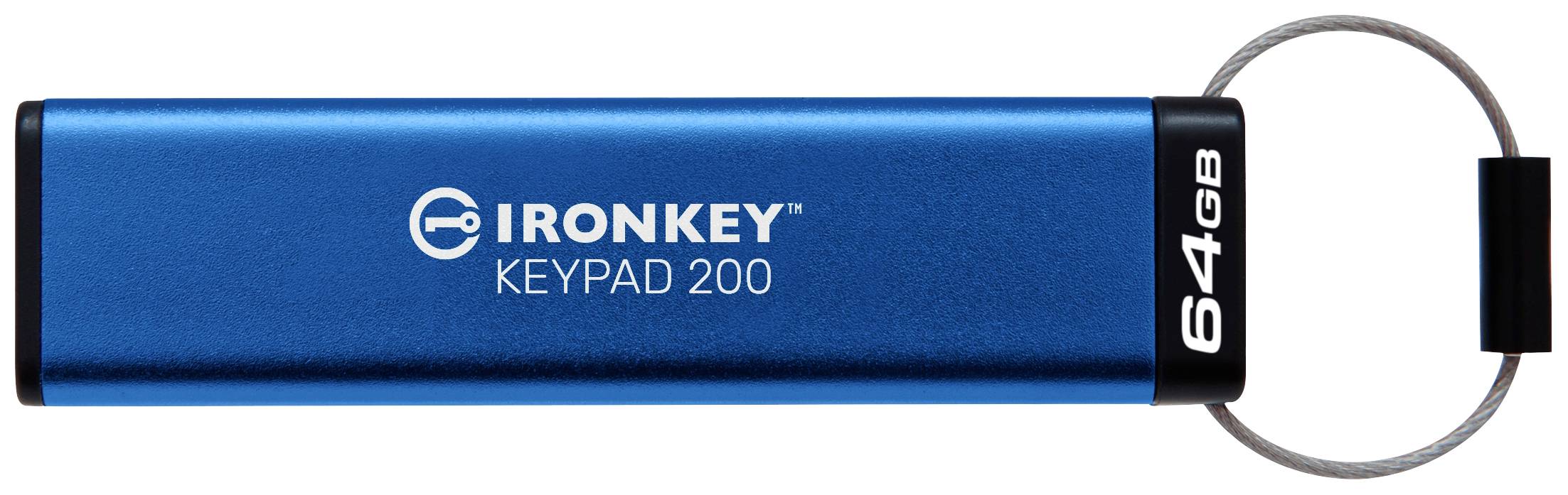 Une clé USB IronKey bleue avec pavé numérique, d'une capacité de stockage de 64 Go.