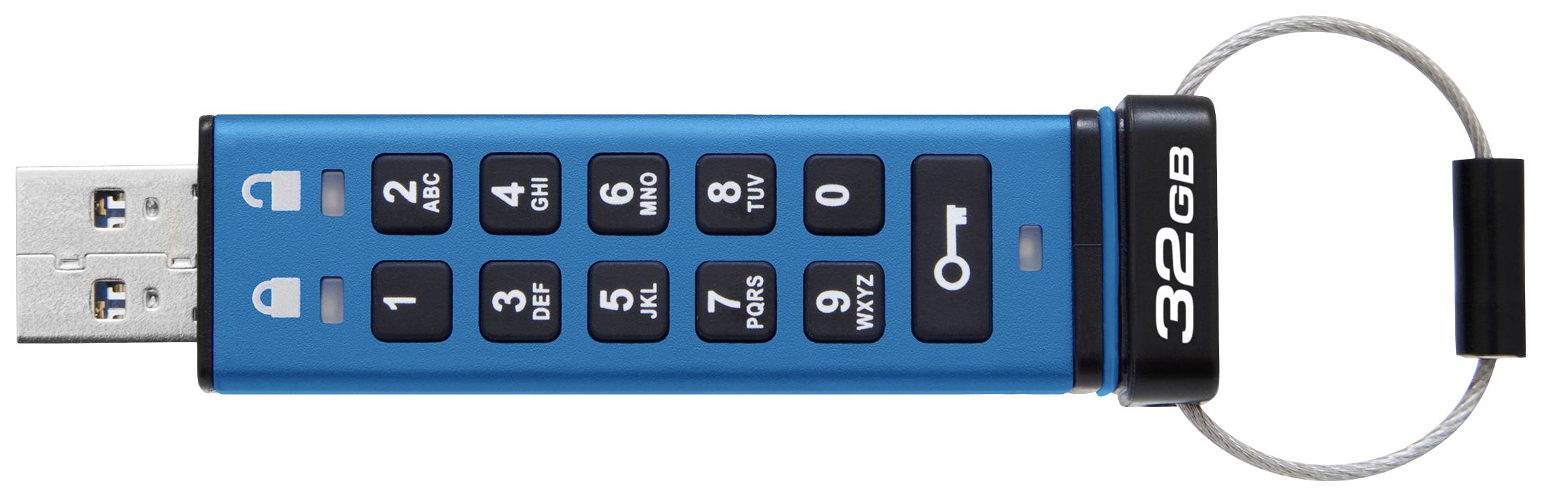 Clé USB bleue avec pavé numérique et mémoire de 32 Go. Les touches 1 à 9 permettent une sécurisation par code PIN, des symboles de cadenas sont visibles.
