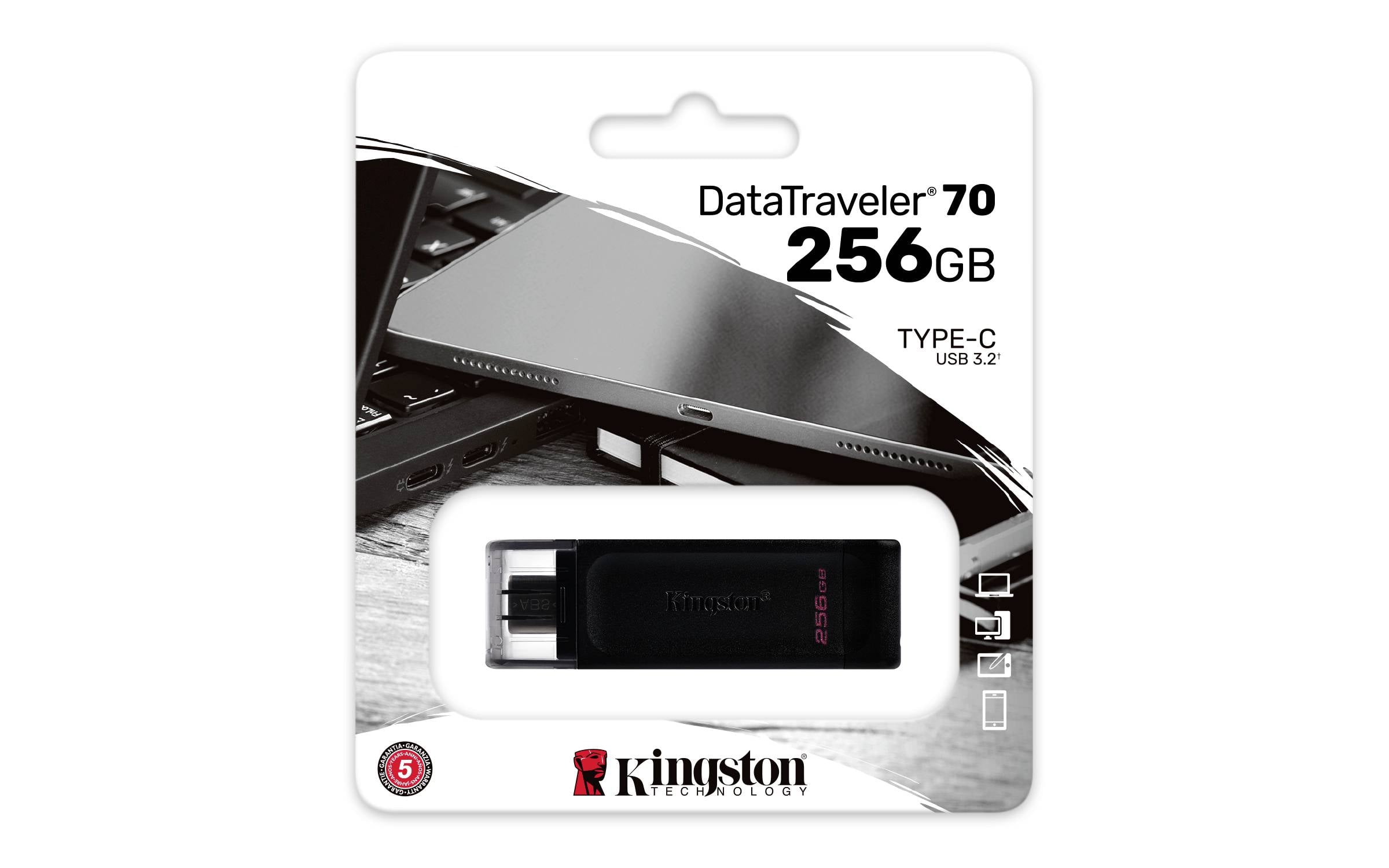 Clé USB Kingston DataTraveler 70 avec une capacité de 256 Go, connexion Type-C et technologie USB 3.2, dans un emballage noir.