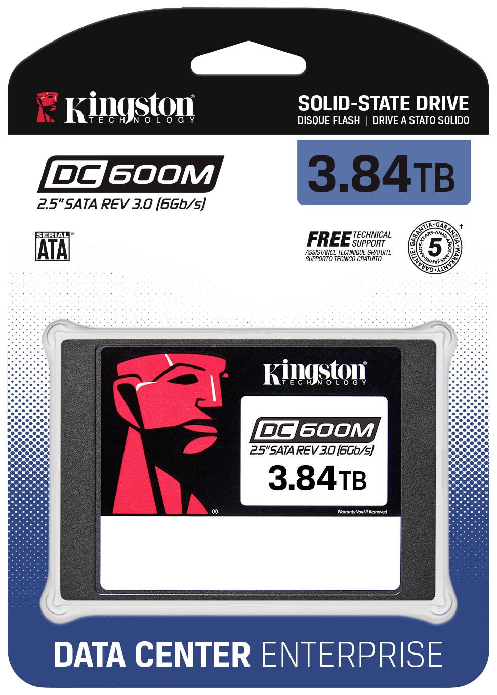 Emballage d'un SSD Kingston DC600M de 3,84 To, avec l'étiquette 'Data Center Enterprise', format 2,5" SATA Rev 3.0.