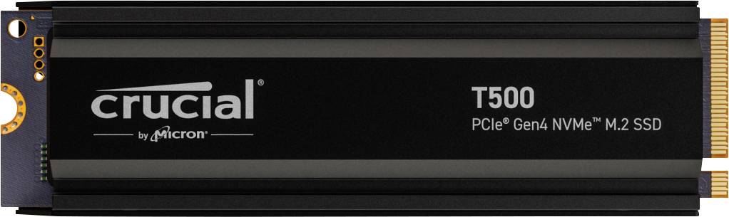 Carte SSD Crucial by Micron T500 PCIe Gen4 NVMe M.2 avec boîtier noir et surfaces de contact dorées.