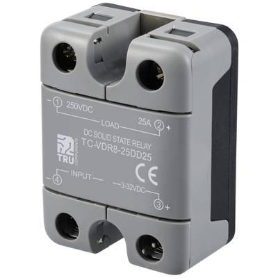 Relais à semi-conducteurs gris-noir (TC-VDR8-25DD25) pour charge de 250 VDC à 25 A. Marquage CE visible. ENTRÉE : 3-32 VDC.