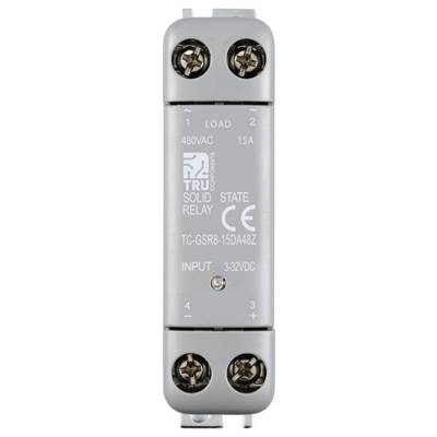 Relais statique gris avec l'inscription '480VAC, 15A, TC-GSR8-15DA48Z, INPUT 3-32VDC'. Utilisé pour le contrôle de charge électrique.