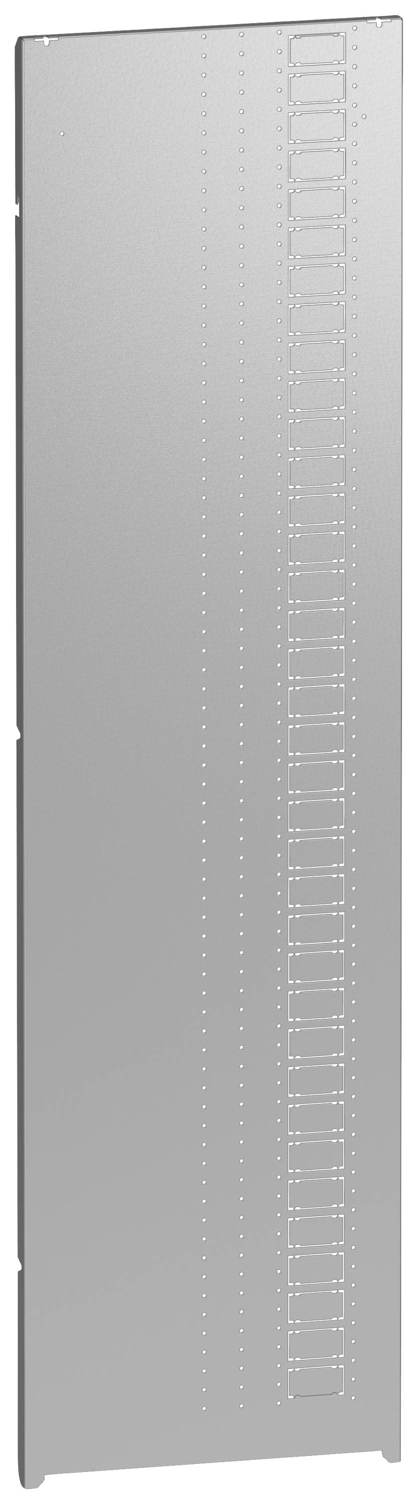 Rail métallique avec des découpes rectangulaires pré-formées, manifestement conçu pour une fixation adaptable dans un environnement industriel ou technique.