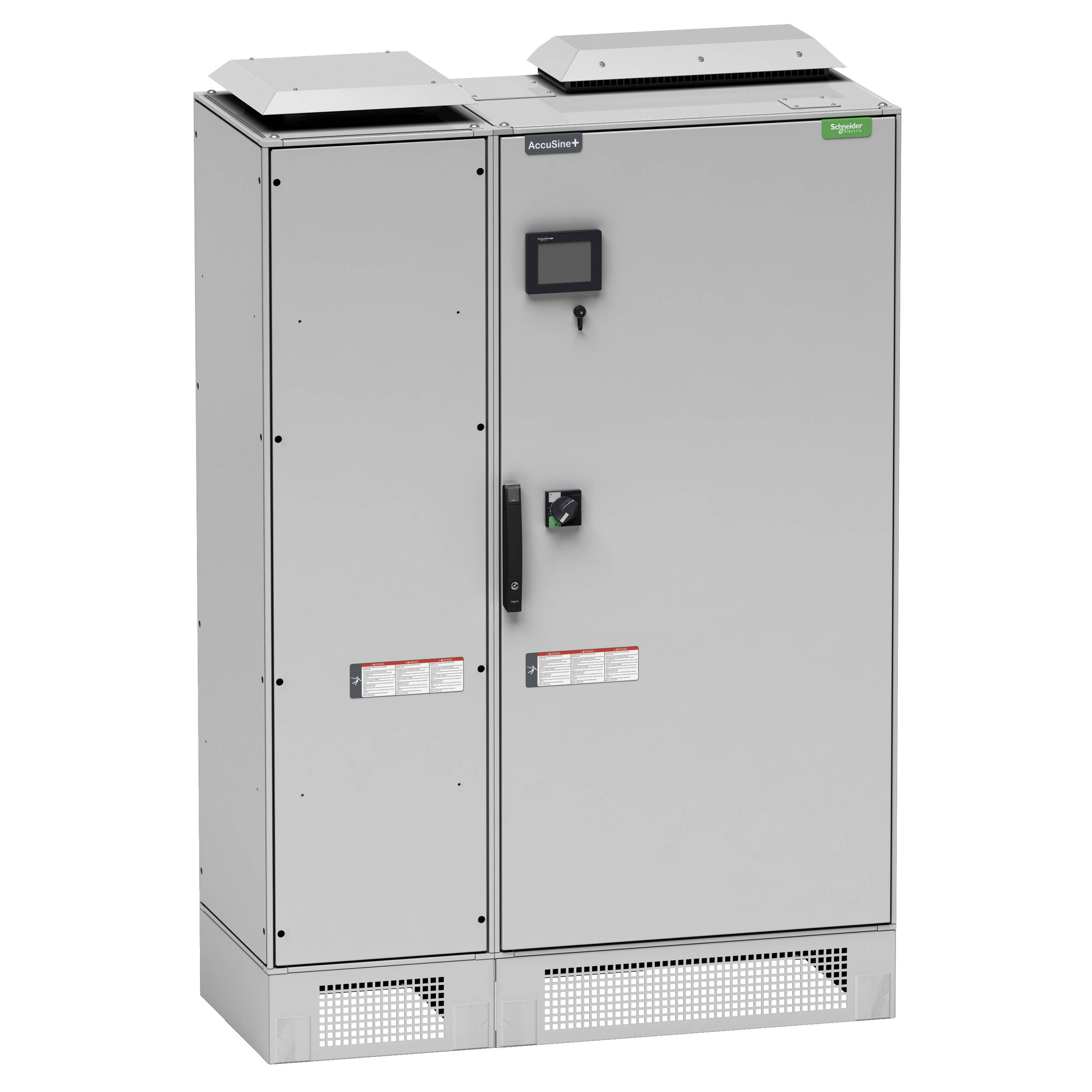 Armoire électrique grise à deux portes, avec des ouvertures de ventilation en haut, un petit écran et un bouton rotatif.