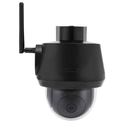 Caméra de surveillance noire avec objectif mobile et antenne, vue de face.