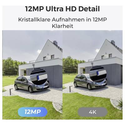« Détail Ultra HD 12MP » montrant une comparaison de la qualité d'image entre 12MP et 4K sur une maison et une voiture.