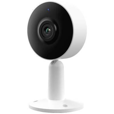 Caméra de surveillance blanche avec un objectif noir circulaire, montée sur un support, adaptée à la surveillance de sécurité intérieure.