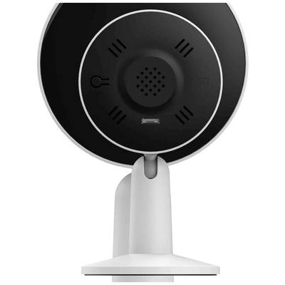 Une webcam noire montre son dos avec un pied de support. Elle présente des fentes de ventilation et une connexion USB au centre.