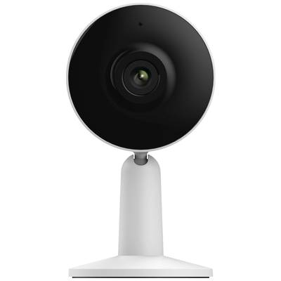 Une caméra de surveillance simple et moderne en blanc avec un objectif noir, vue de face.