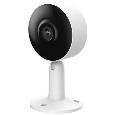 Caméra de sécurité blanche avec un objectif noir circulaire, montée sur un support, adaptée à la surveillance intérieure.