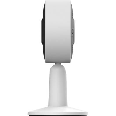 Vue latérale d'une caméra de sécurité blanche sur un socle pivotant, adaptée à une utilisation intérieure, illustrant son design élégant.