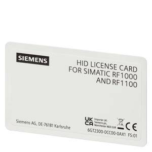 Carte avec inscription 'Carte de licence HID pour SIMATIC RF1000 et RF1100', logo Siemens, marquage UKCA et texte technique.