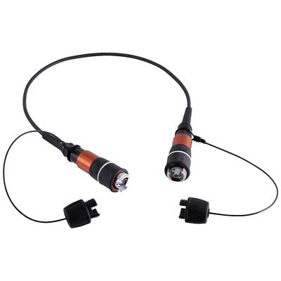 Un long câble de connexion avec des fiches orange à chaque extrémité, adapté aux applications industrielles ou techniques.