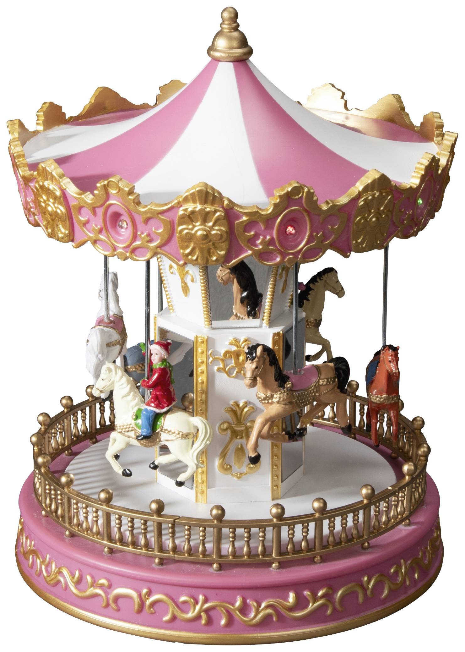 Modèle de carrousel rose et blanc avec des ornements dorés et des figures de chevaux, dont une personne montée sur un cheval.